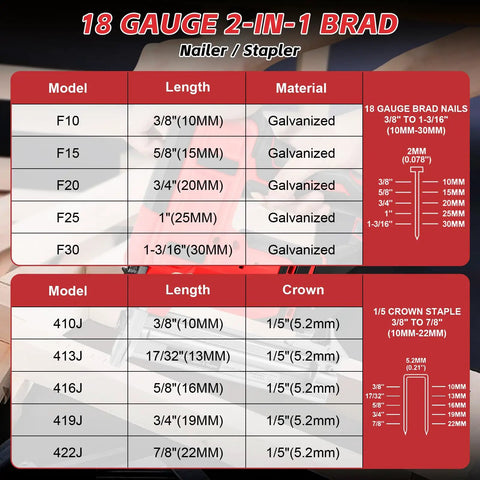 18 gauge brad nailer/stapler specifications showing lengths, materials, and crown sizes for efficient use with Pro Grade Cordless Brad Nailer Driven By A Badass Brushless Motor And Built Hella Tough Delivers Dead Straight Shots Compatible With 18V Batteries But Skips The Pack So You Dodge Markup And Hammer Wood Like A Real Pro.