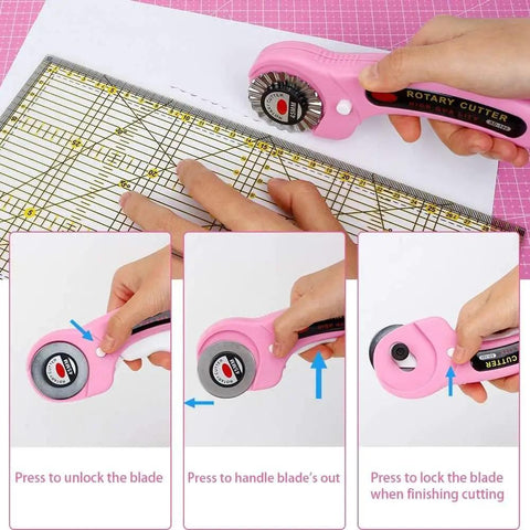 Pink Rotating Cutting Tool Set With Five Extra Blades And Pens Ergonomic Handle Tools With Safety Lock And Twenty Sewing Clips For Fabrics Leather And Crafts Sewing For Do It Yourselfers