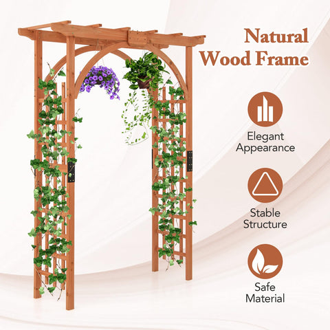 Wood Garden Arbor Archway Pergola 84 Inch Outdoor Structure With Decorative Hanging Roof And Side Climbing Trellis showcasing frame features