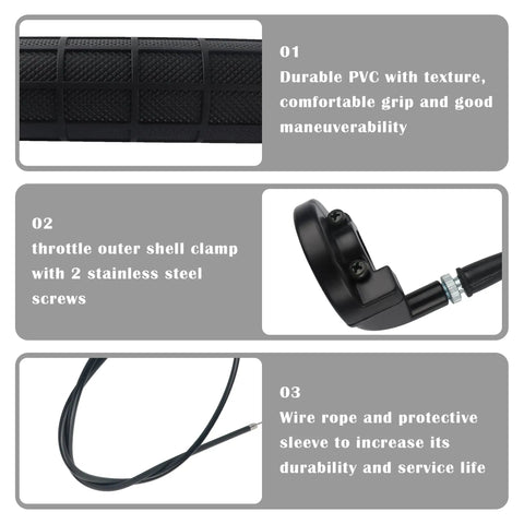 Throttle Cable Kit With Twist Throttle And 47 Inch Cables For 22mm Handlebars Universal Motorcycle ATV 110cc To 250cc Replacement Kit features durable PVC grip, steel clamp, and wire rope detail.