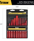 12-Piece Chisel And Punch Set Pro Grade Heavy Duty Tools with cold chisels, center punches, and pin punches in display case