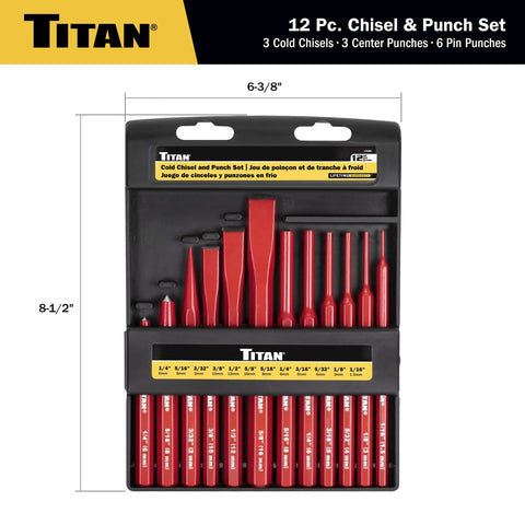 12-Piece Chisel And Punch Set Pro Grade Heavy Duty Tools with cold chisels, center punches, and pin punches in display case