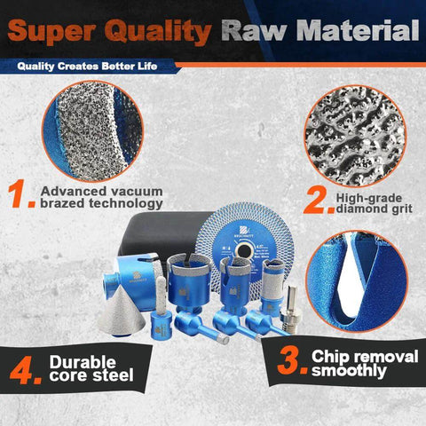 Tile hole saw kit with blue diamond core drill bits and accessories; multiple sizes (Amazon brand).
