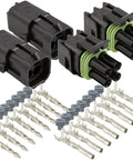 Dope 4-Pin 2x2 Weather-Pack Series Heavy Duty Electrical Connector Kit With Sealer Terminals And Housing For Quick Disconnect Splice Jobs In 14 To 16 Gauge Wire That Fits Perfectly On Your Ride., 4-pin sealed connector kit with housings, terminals, and green grommets for 14 to 16 gauge wire.
