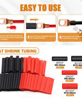 Instruction guide for Heavy Duty Copper Wire Lug Kit 130Pcs AWG 2 To 16 Ring Terminals with heat shrink tubing and sizes