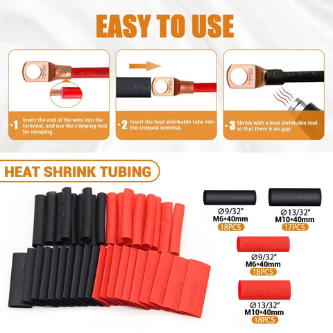 Instruction guide for Heavy Duty Copper Wire Lug Kit 130Pcs AWG 2 To 16 Ring Terminals with heat shrink tubing and sizes