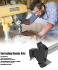 User operating heavy duty carbon steel surfacing router bits for planing wood with sturdy alloy pointed drill at workstation.