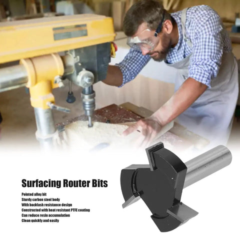 User operating heavy duty carbon steel surfacing router bits for planing wood with sturdy alloy pointed drill at workstation.