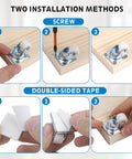 Installation guide for No Sweat Install Smooth As Butter 0.6 Inch Mini Caster Wheels, showing screw and double-sided tape methods.