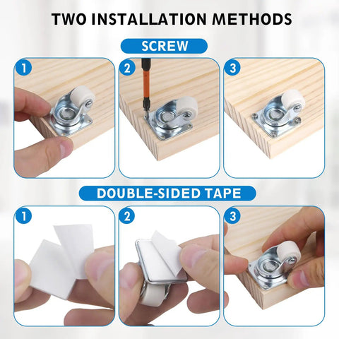 Installation guide for No Sweat Install Smooth As Butter 0.6 Inch Mini Caster Wheels, showing screw and double-sided tape methods.