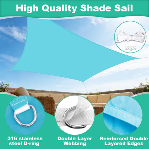 Lake Blue 9 Foot 9 Inch By 9 Foot 9 Inch UV Blocking Waterproof Shade Sail Rectangle Awning shown over patio furniture.