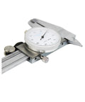 Close-up of 4-Way Imperial Dial Caliper 0-6 Inch Carbon Steel Built Tough Shock Proof with precision measurements