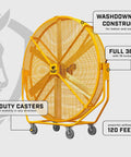 Heavy Duty 8 Foot Portable Industrial Fan With Smooth Rolling Caster Wheels And Sleek Infinite Speed Dial. Features washdown-rated construction.