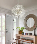 Chrome Modern Crystal Chandelier Firework Pendant Light with Bubble Crystal Orbs hanging in living room entryway