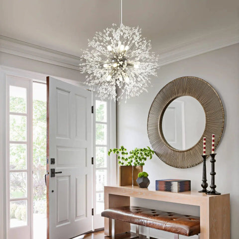 Chrome Modern Crystal Chandelier Firework Pendant Light with Bubble Crystal Orbs hanging in living room entryway