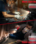 Magnetic Work Light With 650 Lumen Output, Your Go To 2 In 1 Flashlight For Camping, Jobsite And Workshop, Compatible With Milwaukee 12V Battery, Battery Not Included. Shown illuminating workspace in work-light and flashlight modes.