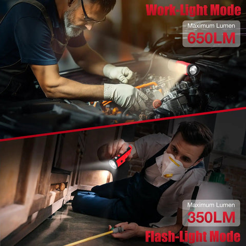 Magnetic Work Light With 650 Lumen Output, Your Go To 2 In 1 Flashlight For Camping, Jobsite And Workshop, Compatible With Milwaukee 12V Battery, Battery Not Included. Shown illuminating workspace in work-light and flashlight modes.