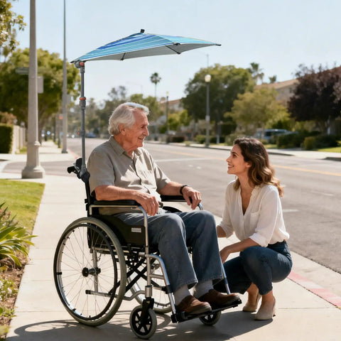 Super Lightweight Clip On Chair Parasol With Heavy Duty Universal Clamp UPF 50 Plus UV Protection for wheelchair outdoors.