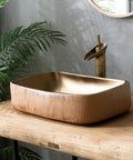 SDVantage Gold Rectangle Bathroom Vessel Sink, Ceramic Countertop Basin Sink Retro Industrial Style for M, on wooden countertop.