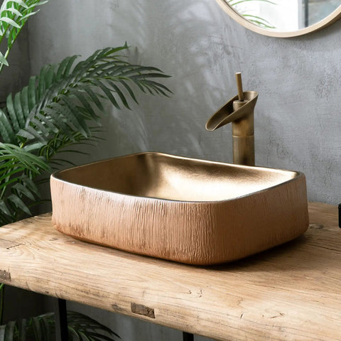 SDVantage Gold Rectangle Bathroom Vessel Sink, Ceramic Countertop Basin Sink Retro Industrial Style for M, on wooden countertop.