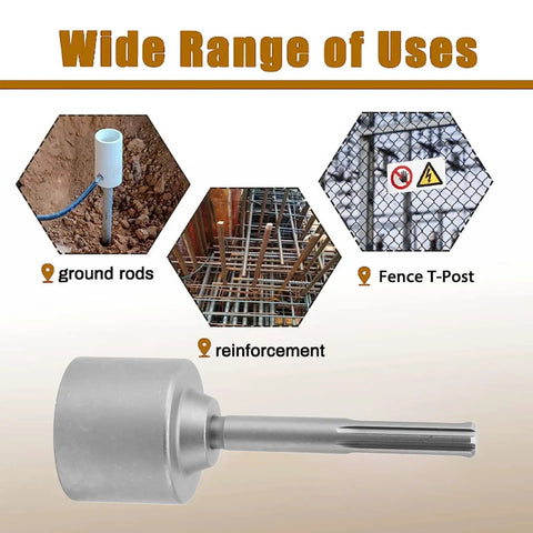 Beefy T Post Driver Hammer Attachment For Electric Drills, Steel 20cm Long, 65mm Post Fit, shown with usage examples.