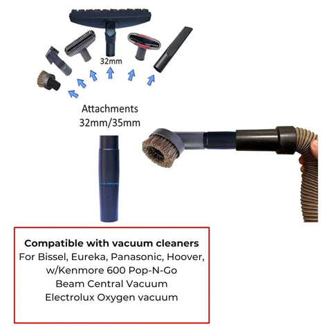 Easy Fit Vacuum Hose Adapter Kit For 1 1/4 Inch Attachments, Seals 33mm To 38mm Hoses, shown with compatible attachments.