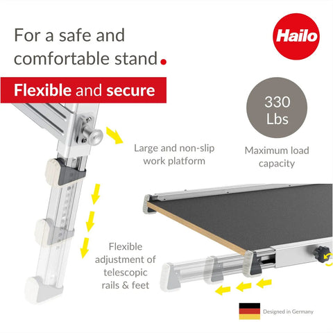 Aluminum Staircase Platform With Height Adjustable Telescopic Rails And Feet Built In Bubble Level Two Hand Safety Release