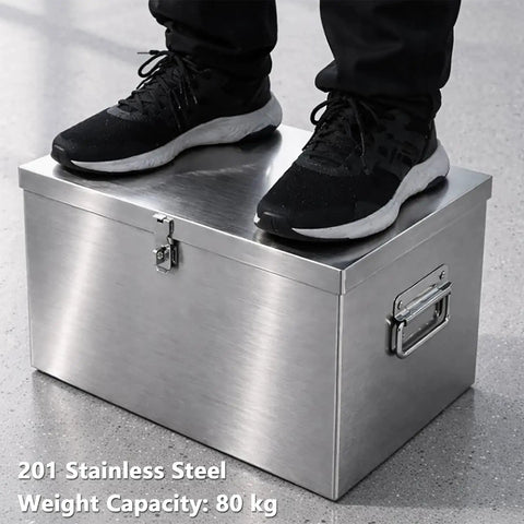 Portable Stainless Steel Tool Box With Heavy Duty Side Handles And Locking Lid And Hella Sturdy Metal Storage Organizer Built Like A Tank for standing.