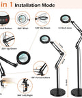 Diagram of 10X Real Glass Magnifying Glass With Light And Stand HD Optical Lens showing adjustable arm and installation modes