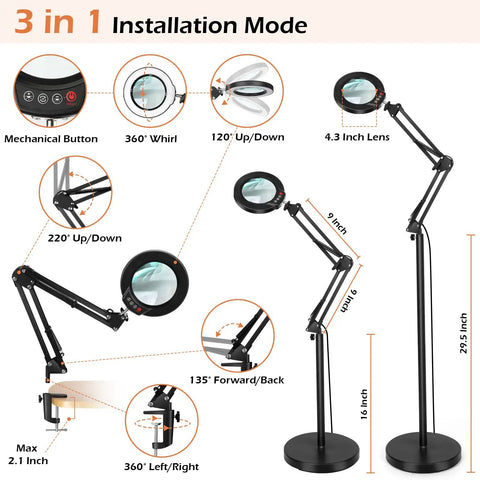 Awesome Real Glass Magnifier Lamp With Light And Stand 8x Magnification LED Five Color Modes Stepless Dimmable Magnifying Floor Lamp 3 In 1 Swing Arm Lighted Magnifier With Clamp For Crafting, showing installation modes and measurements.