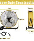 Industrial Drum Fan 24 Inch High Velocity 8800 CFM Three Speed Heavy Duty Metal Air Circulator with size dimensions shown