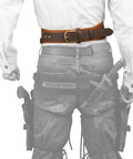 Back view of Rugged Cowhide Leather Shotgun Shell Bandolier Belt For 12 Gauge And 16 Gauge Ammo Built Tough With Handbraid Detailing