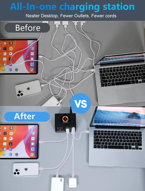 Comparison of cable clutter vs tidy setup with 110W 8 Port USB Charging Station Fast Charge Hub For Phones Tablets Drones And More Compatible With iPhone Android Galaxy iPad And Speakers At Home Office Or On The Go.