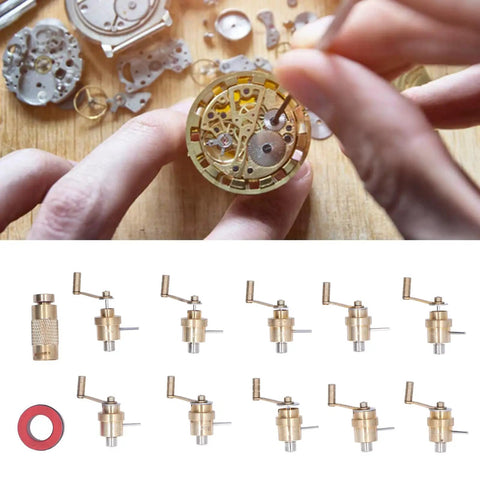 Winder Set For Watch Repair Pros, Brass Wristwatch Repair Kit displayed on wooden table for professional use