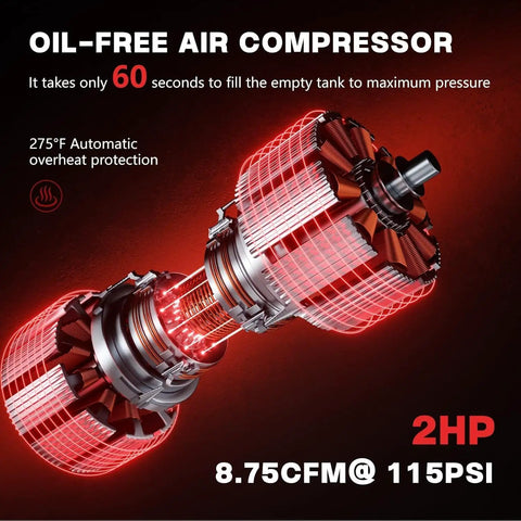 14 Gallon Ultra Quiet Air Compressor Oil Free Portable 2HP 8.75 CFM At 115 PSI Lightweight Storage Tank With Handle And Wheels For Home Garage Projects Super Silent And Fast Inflation