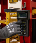Cut-Less Korplex Glove With Foam Nitrile Palm For Cut Resistance And Dexterity Touch Screen Compatible in use on keypad.