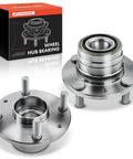 Two Pack Rear Wheel Bearing And Hub Assembly For 4 Lug Vehicles Compatible With Ford Escort Mercury Tracer Mazda Protege MX3 And 323 Models From 1989 To 2003, showing shiny metal assembly and box packaging.