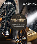 Image showing Matte Black Rim Touch Up Paint Pen For Wheels And Metal Quick And Easy Curb Rash Repair Universal Color Match For Flat Black Finish Long Lasting Wheel Repair Solution For Cars And More, demonstrating rain, washing, and sun resistance.