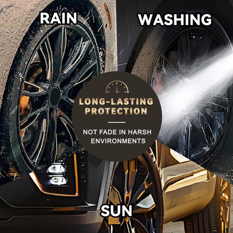 Image showing Matte Black Rim Touch Up Paint Pen For Wheels And Metal Quick And Easy Curb Rash Repair Universal Color Match For Flat Black Finish Long Lasting Wheel Repair Solution For Cars And More, demonstrating rain, washing, and sun resistance.