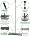 Diagram of 32x10 Lawn Leveling Rake with Serrated Edge and Smooth Plate, featuring comfortable handle and dual-sided functionality.