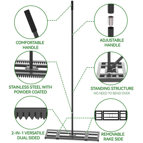 Diagram of 32x10 Lawn Leveling Rake with Serrated Edge and Smooth Plate, featuring comfortable handle and dual-sided functionality.