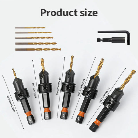 Premium Dope Wood Countersink Drill Bit Set With Titanium Coated HSS, Magnetic Extension, and Hex Key Wrench, Sizes 4 6 8 10 12