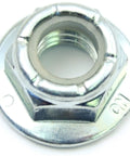Close-up of Hard to Find Flange Lock Nuts Grade Five 3/8-16 Inch Zinc Plated showing threaded interior and zinc finish.