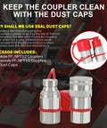 Front view of two silver 1/2 in NPT flat-face hydraulic quick-connect couplers with red dust caps.