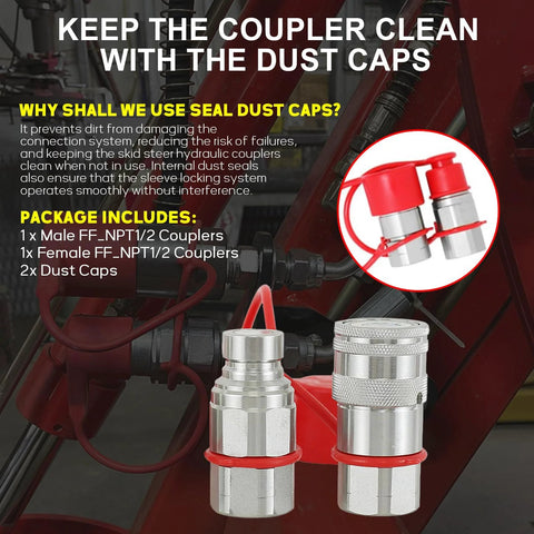 Front view of two silver 1/2 in NPT flat-face hydraulic quick-connect couplers with red dust caps.