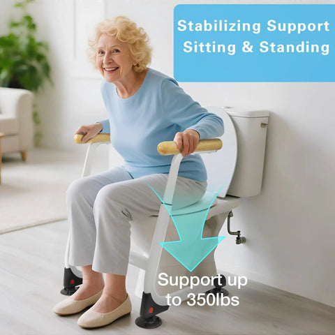 Adjustable Height Toilet Safety Rails With Wood Finishes Big Time 350 Lb Support For Seniors And Mobility Needs, senior using toilet assist rail.