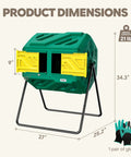 43 Gallon Dual Chamber Compost Tumbler With Gloves, Fast Assembly And Easy Setup For Outdoor Use, shown with dimensions.