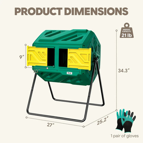 43 Gallon Dual Chamber Compost Tumbler With Gloves, Fast Assembly And Easy Setup For Outdoor Use, shown with dimensions.