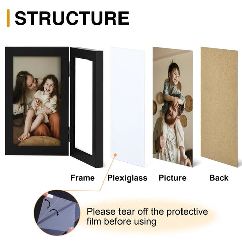 Exploded view of Double 4x6 Picture Frame Vertical From Engineered Wood With Plexiglass Bifold Photo Frame For Tabletop Display