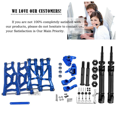 Heavy Duty Stainless Steel Drive Shaft CVD Axle Upgrade Kit for 1/10 Rustler and Stampede VXL 2WD RC Trucks Includes Alloy A Arms Aluminum Caster Blocks Steering Blocks and Rear Carriers in Navy Blue displayed with components